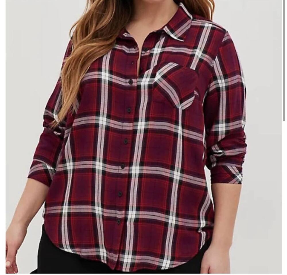 TORRID Burgundy Maroon White Plaid Button-Down Challis Shirt Size 1 (1X)